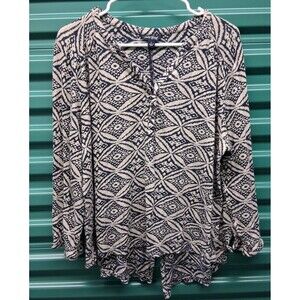 Lucky Brand Women’s V Neck Tunic Top Large 3/4 sleeve Black Brown Boho Geometric